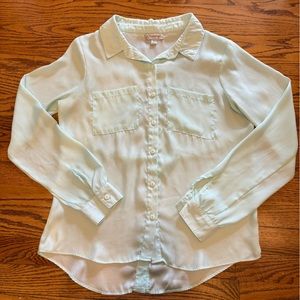 Olsenboye sheer long sleeve button-up blouse; pale mint green; size S